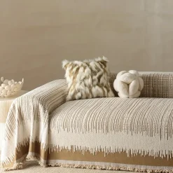 Thickened Sofa Blanket Autumn And Winter Gradient Striped Jacquard Half Velvet Sofa Towel With Tassels Multi-functional Blanket