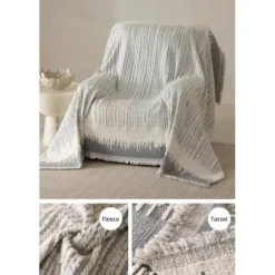 Thickened Sofa Blanket Autumn And Winter Gradient Striped Jacquard Half Velvet Sofa Towel With Tassels Multi-functional Blanket