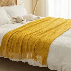 Throw Blanket with Tassel, Knit Throw Blankets Soft Cable Knitted Throw Blankets for Couch Stripe Spring Fall Blanket for Bed Sofa Cozy Lightweight Throw Blankets Scarf for Girls Boys