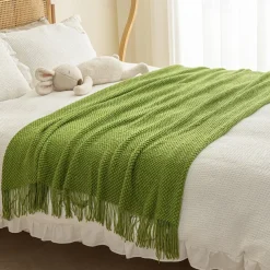 Throw Blanket with Tassel, Knit Throw Blankets Soft Cable Knitted Throw Blankets for Couch Stripe Spring Fall Blanket for Bed Sofa Cozy Lightweight Throw Blankets Scarf for Girls Boys