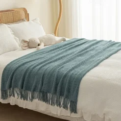 Throw Blanket with Tassel, Knit Throw Blankets Soft Cable Knitted Throw Blankets for Couch Stripe Spring Fall Blanket for Bed Sofa Cozy Lightweight Throw Blankets Scarf for Girls Boys