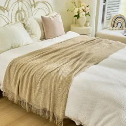 Throw Blanket with Tassel, Knit Throw Blankets Soft Cable Knitted Throw Blankets for Couch Stripe Spring Fall Blanket for Bed Sofa Cozy Lightweight Throw Blankets Scarf for Girls Boys