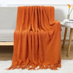 Throw Blankets for Couch with Tassel,Burnt Orange Knitted Throw Blanket for Bed, Super Soft Warm Large Throws for Home