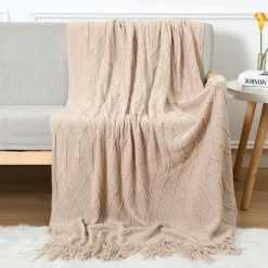 Throw Blankets for Couch with Tassel,Burnt Orange Knitted Throw Blanket for Bed, Super Soft Warm Large Throws for Home