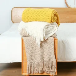 Throw Blankets for Couch with Tassel,Burnt Orange Knitted Throw Blanket for Bed, Super Soft Warm Large Throws for Home