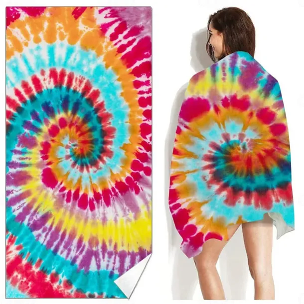 Tie Dye Beach Towel, Sand Free Hippie Color Beach Towels Oversized, Sup Soft Large Bath Towel, Water Absorbent Bathroom Towel for Men, Women, Travel, Swim, Camp, 32 x 64 Inch