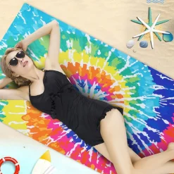 Tie Dye Beach Towel, Sand Free Hippie Color Beach Towels Oversized, Sup Soft Large Bath Towel, Water Absorbent Bathroom Towel for Men, Women, Travel, Swim, Camp, 32 x 64 Inch