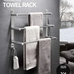 3-Tier Towel Rail with Hooks for Bathroom Wall Mounted Stainless Steel Towel Bar Brushed Nickel Towel Rack Rustproof Towel Bar 40/50/60CM(Silvery)