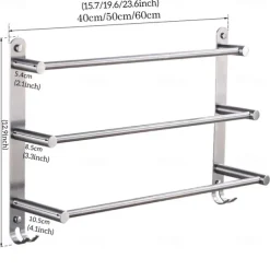 3-Tier Towel Rail with Hooks for Bathroom Wall Mounted Stainless Steel Towel Bar Brushed Nickel Towel Rack Rustproof Towel Bar 40/50/60CM(Silvery)
