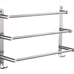 3-Tier Towel Rail with Hooks for Bathroom Wall Mounted Stainless Steel Towel Bar Brushed Nickel Towel Rack Rustproof Towel Bar 40/50/60CM(Silvery)