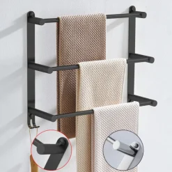 3-Tier Towel Towel Rail ,Wall Mounted Stainless Steel Towel Rack Storage Shelf for Bathroom 30cm~70cm Towel Bar Towel Rail Towel Hanger(Matte Black/Chrome)