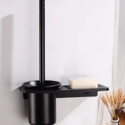 Toilet Brush Holder Set Aluminum Material Include Bathroom Toilet Brush and Toilet Brush Holder Wall Mounted Black 1Set