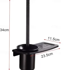 Toilet Brush Holder Set Aluminum Material Include Bathroom Toilet Brush and Toilet Brush Holder Wall Mounted Black 1Set