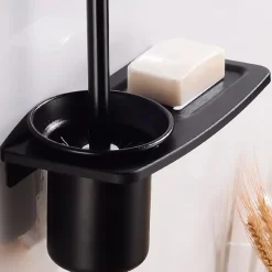Toilet Brush Holder Set Aluminum Material Include Bathroom Toilet Brush and Toilet Brush Holder Wall Mounted Black 1Set