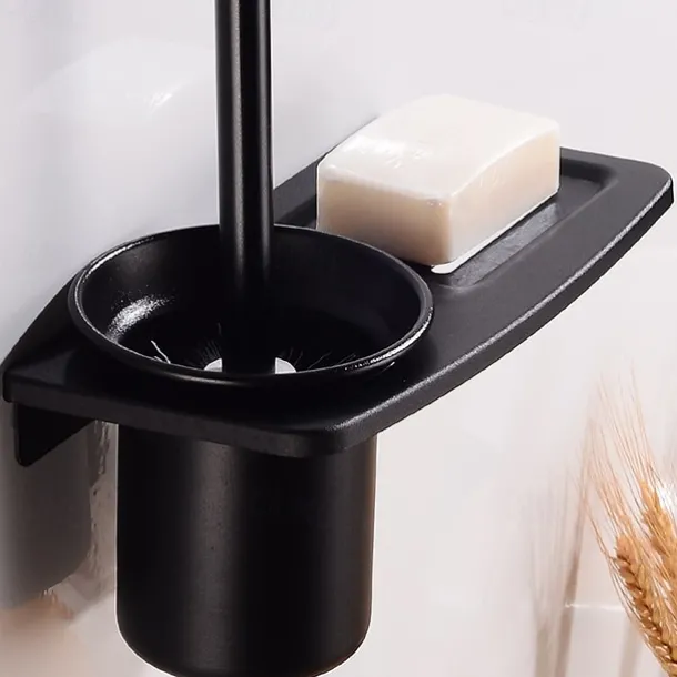Toilet Brush Holder Set Aluminum Material Include Bathroom Toilet Brush and Toilet Brush Holder Wall Mounted Black 1Set