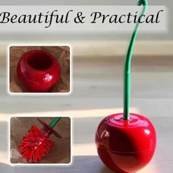 Toilet Brush with Holder, Red Cherry Shape, Long Handle Bathroom Cleaning Tool, Thick Bristles for Deep Cleaning, Rust-Resistant, Leakproof Base for Storage & Organization