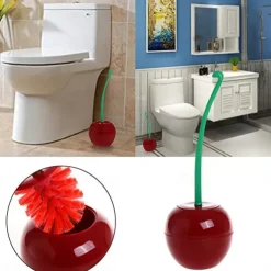Toilet Brush with Holder, Red Cherry Shape, Long Handle Bathroom Cleaning Tool, Thick Bristles for Deep Cleaning, Rust-Resistant, Leakproof Base for Storage & Organization