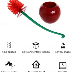 Toilet Brush with Holder, Red Cherry Shape, Long Handle Bathroom Cleaning Tool, Thick Bristles for Deep Cleaning, Rust-Resistant, Leakproof Base for Storage & Organization