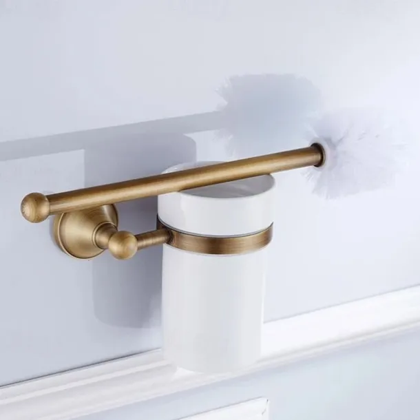 Toilet Brush with Holder,Antique Brass Ceramics Wall Mounted Rubber Painted Toilet Bowl Brush and Holder for Bathroom