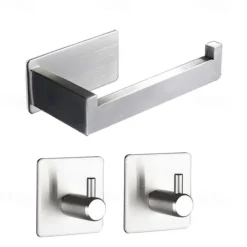 Toilet Paper Holder and 2 Wall Hooks Sets,No Drilling Self-Adhesive Toilet Roll Holder&Robe Hooks Stainless Steel Toilet Roll Holder Toilet Roll Holder Paper Holder for Kitchen and Bathroom Black