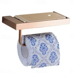 Toilet Paper Holder, Antique Style Bathroom Tissue Holder, Brass, Wall Mounted Bathroom Roll Paper Holder with Mobile Phone Storage Shelf, for Kitchen Bathroom, Tissue Roll Hanger