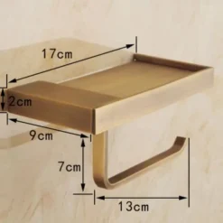 Toilet Paper Holder, Antique Style Bathroom Tissue Holder, Brass, Wall Mounted Bathroom Roll Paper Holder with Mobile Phone Storage Shelf, for Kitchen Bathroom, Tissue Roll Hanger