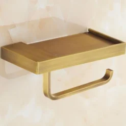 Toilet Paper Holder, Antique Style Bathroom Tissue Holder, Brass, Wall Mounted Bathroom Roll Paper Holder with Mobile Phone Storage Shelf, for Kitchen Bathroom, Tissue Roll Hanger