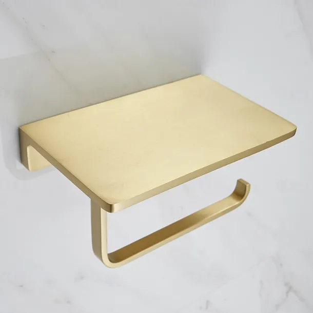 Toilet Paper Holder Creative Metal Bathroom Shelf with Mobile Phone Storage Shelf Wall Mounted Brushed Gold 1PC