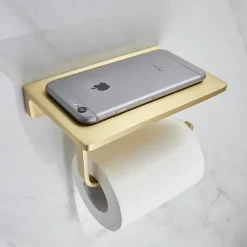 Toilet Paper Holder Creative Metal Bathroom Shelf with Mobile Phone Storage Shelf Wall Mounted Brushed Gold 1PC