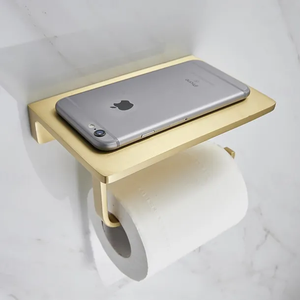 Toilet Paper Holder Creative Metal Bathroom Shelf with Mobile Phone Storage Shelf Wall Mounted Brushed Gold 1PC