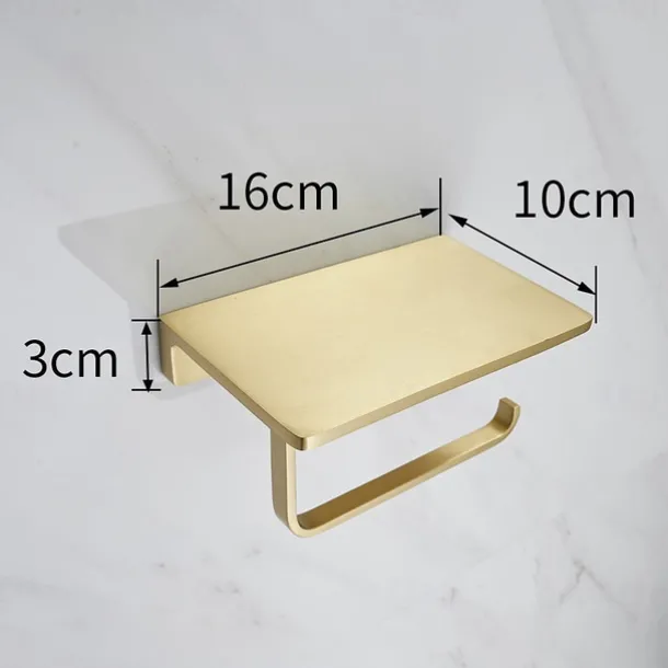 Toilet Paper Holder Creative Metal Bathroom Shelf with Mobile Phone Storage Shelf Wall Mounted Brushed Gold 1PC