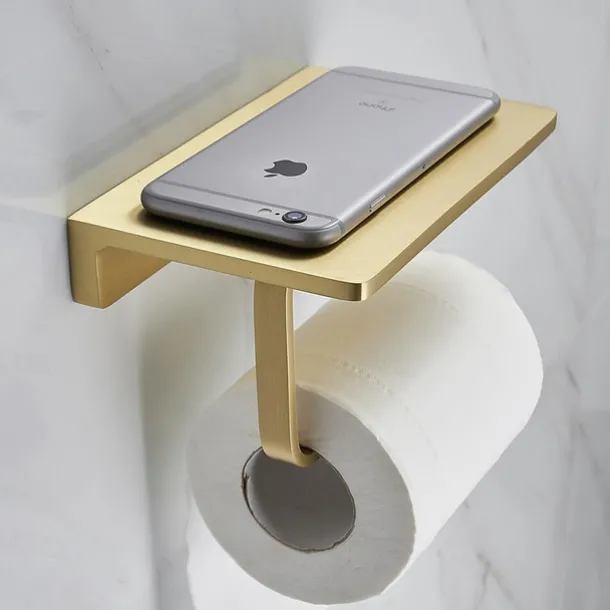 Toilet Paper Holder Creative Metal Bathroom Shelf with Mobile Phone Storage Shelf Wall Mounted Brushed Gold 1PC
