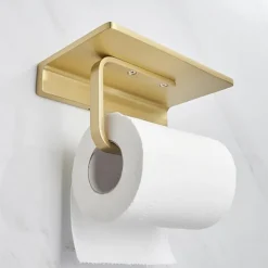 Toilet Paper Holder Creative Metal Bathroom Shelf with Mobile Phone Storage Shelf Wall Mounted Brushed Gold 1PC