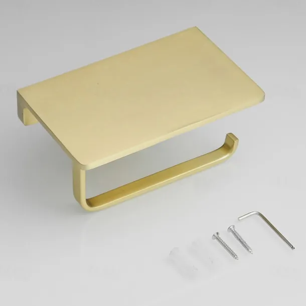 Toilet Paper Holder Creative Metal Bathroom Shelf with Mobile Phone Storage Shelf Wall Mounted Brushed Gold 1PC