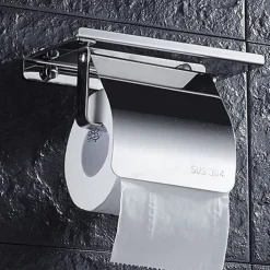 Toilet Paper Holder Stainless Steel for Bathroom with Mobile Phone Storage Shelf Wall Mounted Silvery 1pc