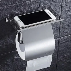 Toilet Paper Holder Stainless Steel for Bathroom with Mobile Phone Storage Shelf Wall Mounted Silvery 1pc