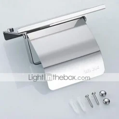 Toilet Paper Holder Stainless Steel for Bathroom with Mobile Phone Storage Shelf Wall Mounted Silvery 1pc