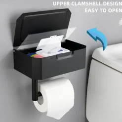 Toilet Paper Holder with Storage and Shelf, Matt Black Bathroom Toilet Paper Holder Wall Mount， Stainless Steel Flushable Wet Wipes Dispenser - Hide Your Wipes from View