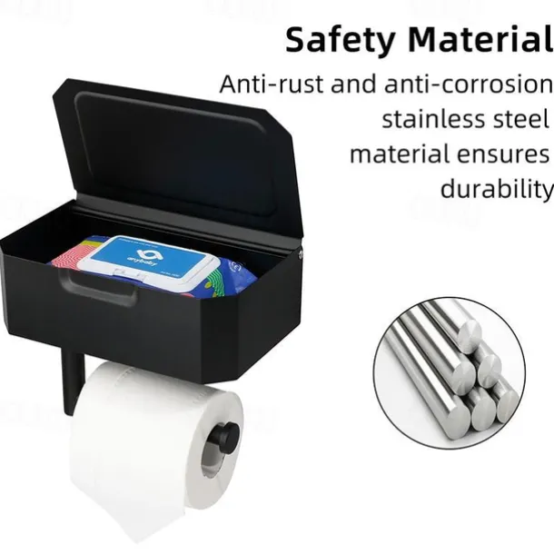 Toilet Paper Holder with Storage and Shelf, Matt Black Bathroom Toilet Paper Holder Wall Mount, Stainless Steel Flushable Wet Wipes Dispenser - Hide Your Wipes from View
