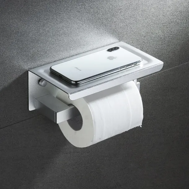 Toilet Paper Holder with Shelf Wall Mounted,Aluminum Toilet Paper Roll Holder, Tissue Roll with Mobile Phone Storage