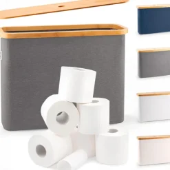 Toilet Paper Storage for 12 Rolls, Stackable & Foldable - The Ultimate Bathroom Organizer - Waterproof Basket with Bamboo Lid - Elegant Toilet Paper Storage Holder