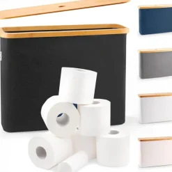 Toilet Paper Storage for 12 Rolls, Stackable & Foldable - The Ultimate Bathroom Organizer - Waterproof Basket with Bamboo Lid - Elegant Toilet Paper Storage Holder