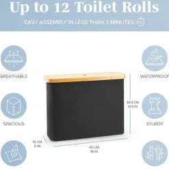 Toilet Paper Storage for 12 Rolls, Stackable & Foldable - The Ultimate Bathroom Organizer - Waterproof Basket with Bamboo Lid - Elegant Toilet Paper Storage Holder