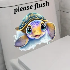 Toilet Sticker, Please Rinse, Funny Cartoon Turtle Pattern Self-Adhesive Wall Stickers, Bathroom Home Decoration Stickers, Removable Stickers