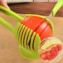 Tomato Slicer Holder, Lemon Cutter, Round Fruits Vegetable Cutting Tools, Handheld Multi Purpose Tongs, Kitchen Gadget (Green)