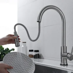 Touchless Sensor Kitchen Sink Faucet Stainless Steel with Pull Out Sprayer, Touch On Single Handle Kitchen Vessel Tap with Pull Down 2 Modes Spray Fingerprint Resistant Brushed Nickel Deck Mounted