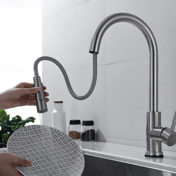 Touchless Sensor Kitchen Sink Faucet Stainless Steel with Pull Out Sprayer, Touch On Single Handle Kitchen Vessel Tap with Pull Down 2 Modes Spray Fingerprint Resistant Brushed Nickel Deck Mounted
