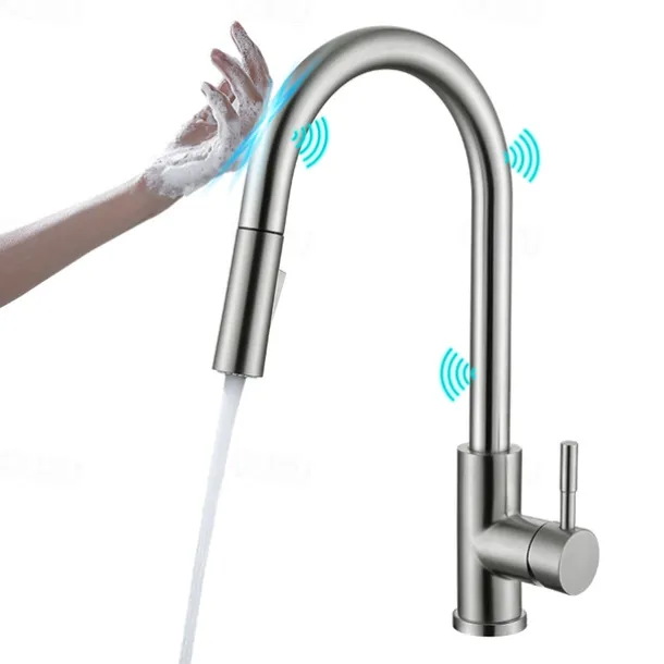 Touchless Sensor Kitchen Sink Faucet Stainless Steel with Pull Out Sprayer, Touch On Single Handle Kitchen Vessel Tap with Pull Down 2 Modes Spray Fingerprint Resistant Brushed Nickel Deck Mounted