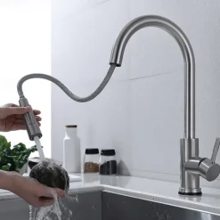 Touchless Sensor Kitchen Sink Faucet Stainless Steel with Pull Out Sprayer, Touch On Single Handle Kitchen Vessel Tap with Pull Down 2 Modes Spray Fingerprint Resistant Brushed Nickel Deck Mounted