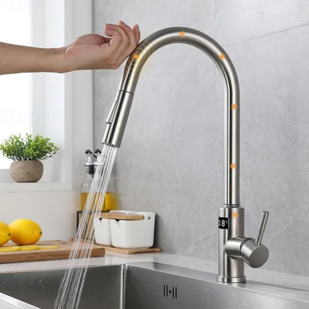 Touchless Sensor Kitchen Faucet Sink Mixer Tap Touch on with Pull Out 2 Mode Sprayer, Digital Display 360 Swivel Single Handle Taps Stainless Steel Deck Mounted, Water Vessel Taps